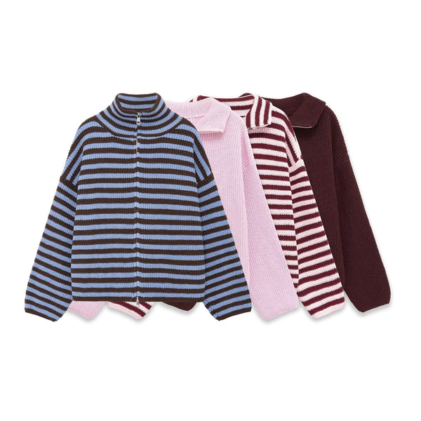 Spring Women's Loose and Lazy Style Sweater Cardigan Flared Lapel Long Sleeve Double Chain Stripe Knit Coat