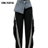 Women Denim Patchwork Pocket Side Wide Leg Loose Jogger Pants Active Jean Splicing Sweatpants Trousers