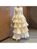 Elegant Spliced 3D Flower Dresses for Women O Neck Long Sleeves High Waist Patchwork Ruffles Folds Dress Female