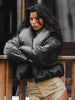 PU Waterproof Crop Puffer Jacket Women Winter Warm Leather Stand Collar Quilted Parkas Full Sleeve Streetwear Coat
