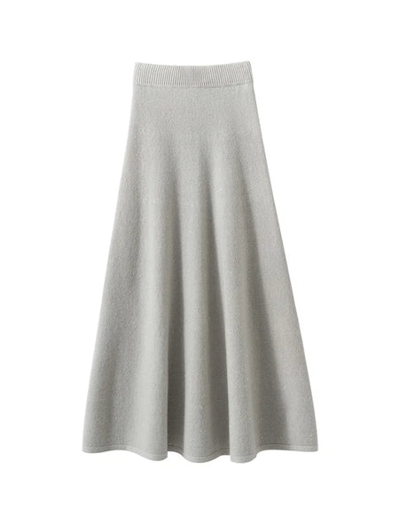 Chic Women Sweater Suite Skirt 100% Cashmere A-Line Skirt Autumn Winter Wave Skirt Elastic Knee Length Dress Sequins French Knit