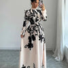 Dresses For Women Black And White Flowers Print Long Sleeve Ruffled Collar Elegant Dress Lace Up A-Line Dress Spring