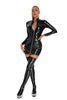 Sexy Women Latex PU Micro Mini Dress Shiny Zipper Open Bust Long Sleeve Costume Tight Dress Elastic Bodycon Pack Hip Leoatrd
