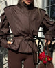 Women Solid Lace Up Lapel Jacket Casual Full Sleeve Wide Shoulder Waist Cinching Coats Autumn Office Commute Outwear