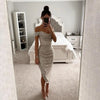 Women Christmas Party Dress Sequined Irregular Hem Evening Dress Low-cut Prom Wedding Party Formal Slit Hem Ladies Midi Dress