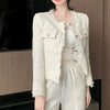 French White Tweed Crop Jacket for Women Autumn Elegant Slimming Decor Button Coat Woman Round Neck Long Sleeve Outerwear
