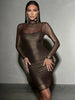 Mesh Dresses For Women Sexy Clubwear Long Sleeves Turtleneck Skinny See Through Hip Wrap Mini Vestidos Robes Female Fit