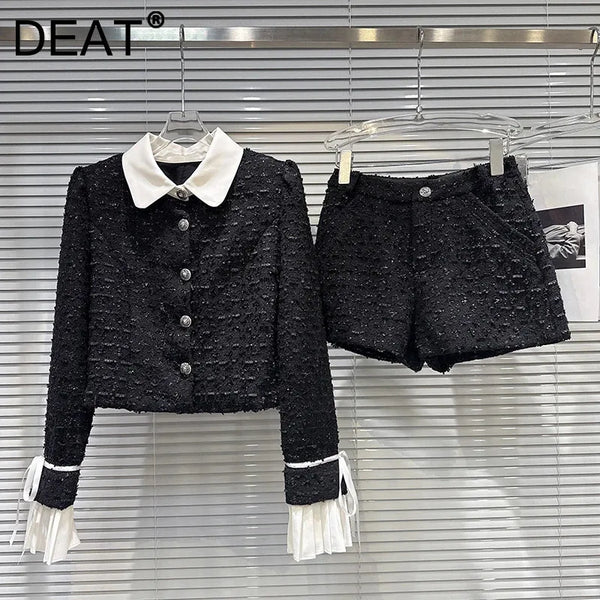 Autumn Style Contrast Color Collar Tie Sleeve Short Jacket For Women Shorts Tweed Shorts Female 11A06638