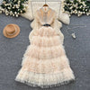 Elegant Embroidered Sequins Long Dresses Autumn Women Layer Ruffles Cake Full Sleeve Evening Party Vestidos Mesh Tulle Long Robe