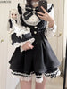 Japanese Y2 Aesthetics Rhinestone Bow Dress Shorts Set Women Gothic Lolita Style Long Sleeve Shirt Dresses Party Slim Mini Dress