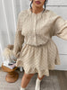 Plus Size Solid Buttons O-Neck Long Sleeve Shirt Dress Women Autumn Elastic Waist Casual Ruffle Hem Short Dresses