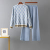 Autumn Two Piece Suits Women V Neck Basics Print Top+Elastic Long Pants Harajuku Casual Knit Sweater Warm Sets