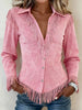 Retro Western Single Breaster Lapel Shirt Coat Woman Solid Suede Tassel Top Cardigan Autumn Long Sleeve Jacket Outerwear