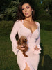Flare Long Sleeve Ruffle Sexy Maxi Dress Women Autumn Pink V Neck Single-breasted High Waist Club Long Dresses Female