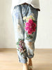 Women's Floral Embroidery Jeans Hollow Out Ripped Pearl Decor Y2K Vintage Mori Girl Denim Trousers Retro Pencil Jeans