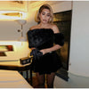 Fur Paneled Off-Shoulder Rhinestone Mini Dress Burgundy Velvet Pleated Evening Elegant Women Dresses Party Chic Lady Gown