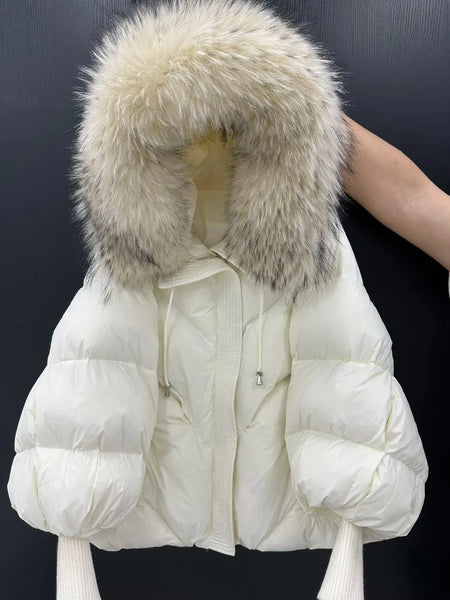 Lagabogy Winter Large Real Fur Hooded Puffer Jacket Women White Duck Down Mid Long Parka Thick Warm Knitted Sleeve Coat