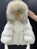 Lagabogy Winter Large Real Fur Hooded Puffer Jacket Women White Duck Down Mid Long Parka Thick Warm Knitted Sleeve Coat