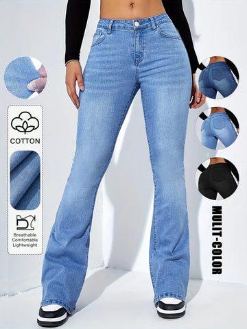 Women's Stylish Elegant Denim Flare Pants with Pocket, Casual Fit for All Seasons, Moderate Thickness Denim Trousers
