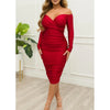 Women Off Shoulder V-neck Ruched Stacked Bodycon Midi Dress Autumn Winter Long Sleeve Party Club Prom Vestidos