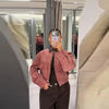 Pink Corduroy Cropped Jacket For Women Casual Contrast Collar Long Sleeve Zipper Coat Lady Spring Chic Streetwear