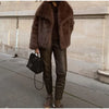 Solid Brown Fluffy Fur Jacket Women's Casual Lapel Loose Long Sleeves Thicken Warm Short Coat Winter Lady Commute Wear