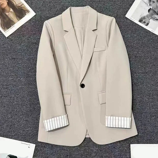Beige Notched Collar Jacket Women Korean Chic Patchwork Long Sleeve Small Suit Coat Casual Simple Single Button Blazers