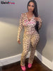 Leopard Contrast Letter Print 2 Piece Set Women Hooded Full Sleeve Crop Jacket+Skinny Stretch Flare Pants Suits