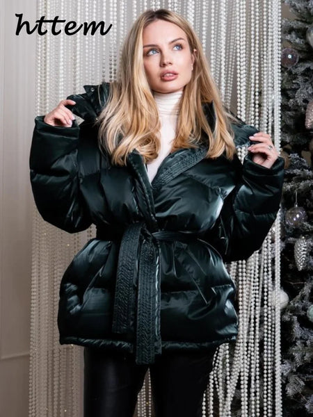 Chic Reflective Fabric Lace Up Hooded Cotton Jacket Women Stand Collar Full Sleeve Zipper Warm Overcoat Winter Lady Outwear