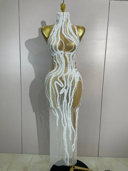 Sexy Mesh See Through Long Dress Women Elegant White Pearls Sequins Birthday Evening Celebrate Party Nightclub Show Stage Wear