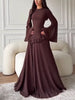 Round Neck Flared Long-Sleeve Long Gown for Women, High-Waisted with Ruffled Hem, Flowing and Elegant Floor-Length Party Evening Dress