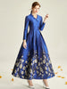 Elegant Brocade Jacquard Women Long Maxi Dress Blue Floral Ladis Party Fall Autumn Winter Clothing