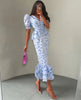 Women White Floral Print Puff Sleeve Blazer Collar Peplum Mermaid Midi Dress Elegant Casual Gown Bridesmaid Wedding Sundress
