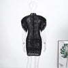 Sexy Lace See Through Party Dress Women Slim Fly Sleeve O-neck Evening Solid Dresses Female Patchwork Pleated Robe Lady
