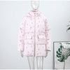 Women's Floral Print Hooded Puffer Jacket with Bow Decor Cute Oversized Winter Warm Coat Loose Casual Feminine Outerwear