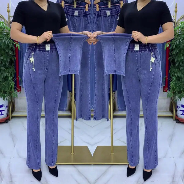 Middle-aged Women's Jeans Spring Fall Stretch Waist Denim Pants Large Size Loose Female Micro Flare Pants Winter Thick Warm Jean