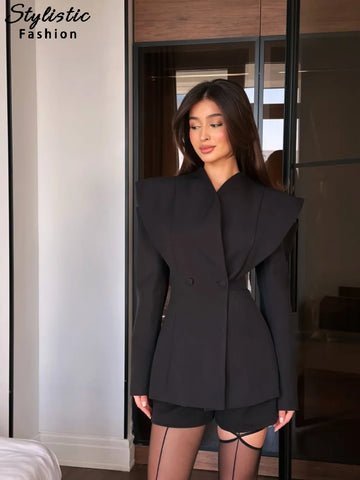 Cold Shoulder Blazer Women Elegant Double Breasted V-neck Long Sleeve Waist-Closed Jackets Spring Streetwear Lady