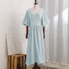 Causal 100% Cotton Women's Dress Vintage Crepe Gauze V-Neck Puff Sleeve Bandage Lace Up Elegant White Dresses Long Maxi Robe