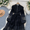 French Vintage Lace Embroidery Patchwork Velvet Dress Women Long Lantern Sleeve Pearl Buttons Lace Up Wedding Party Prom Vestido