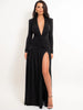 Women Glitter Maxi Evening Dress Deep V Neck Long Sleeve Ruched High Slit Formal Party Dress For Wedding Guest Prom