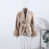 Women Grey Fur Splicing Woolen Coat Casual Belt Full Sleeve Lapel Loose Cardigan Outwear Lady Winter Highstreet Jacket