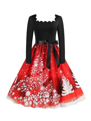 Women's Vintage Christmas Party Dress Long Sleeve Casual Print 50s 60s Elegant Year Celebration Customs