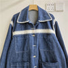French Style Autumn Denim Polo Collar Lace Hollow Out Color-Contrast Women's Top Casual Jackets