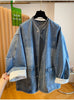 European and American Style Lace-embroidered Casual Denim Coat for Women Spring and Autumn Loose V-neck Coats