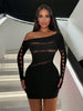 Women's Sexy Dress Hollow Out Nightclub Mesh Long Sleeve Dress