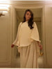 Women Beige Pleated Cape Set Loose Long Sleeved Ruffles Blouse A-line Maxi Flowy Skirt Chic Formal Evening Party Outfit