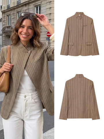 Women Autumn Long Sleeve Outerwear Stand Collar Single Button Brown Plaid Blazer Coats Casual Office Lady Formal Jacket