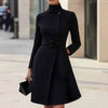 Autumn Winter Turtleneck Solid A-Line Dress Elegant Button High Waist Pocket Office Dress Woman Long Sleeve Casual Party Dresses