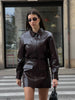 PU Leather Women Coat Skirt Suits Button Long Sleeve Lapel Female Jacket Sets Autumn Bodycon Mini Skirts 2 Pieces Outfits