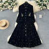 Women Rhinestone Lace Up Dresses Velvet Solid Dress A Line Lantern Sleeve Ankle Lenth Single Breasted Casual Elegant Autumn
